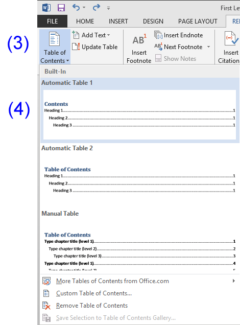 Figure 2: Table of Contents insertion menu.