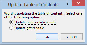 Figure 5: Table of Contents update menu.