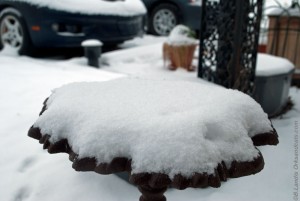 Birdbath covered in snow