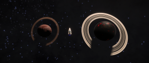Orbiting pair of ringed planets; one larger than the other, with a ship between them