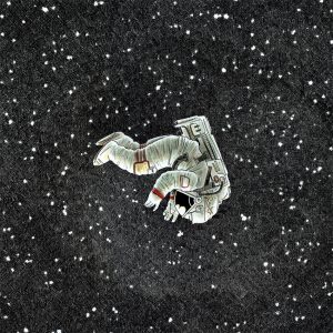 An astronaut in a fetal position, floating alone against a star field.