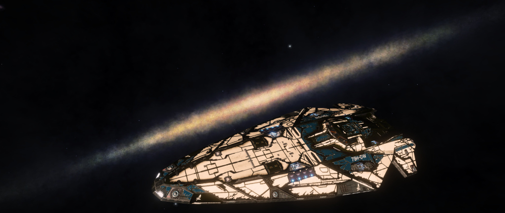 CMDR Lanids's Anaconda, "The Rok," ShipID: 79H-DW, parked in front of the Milky Way.