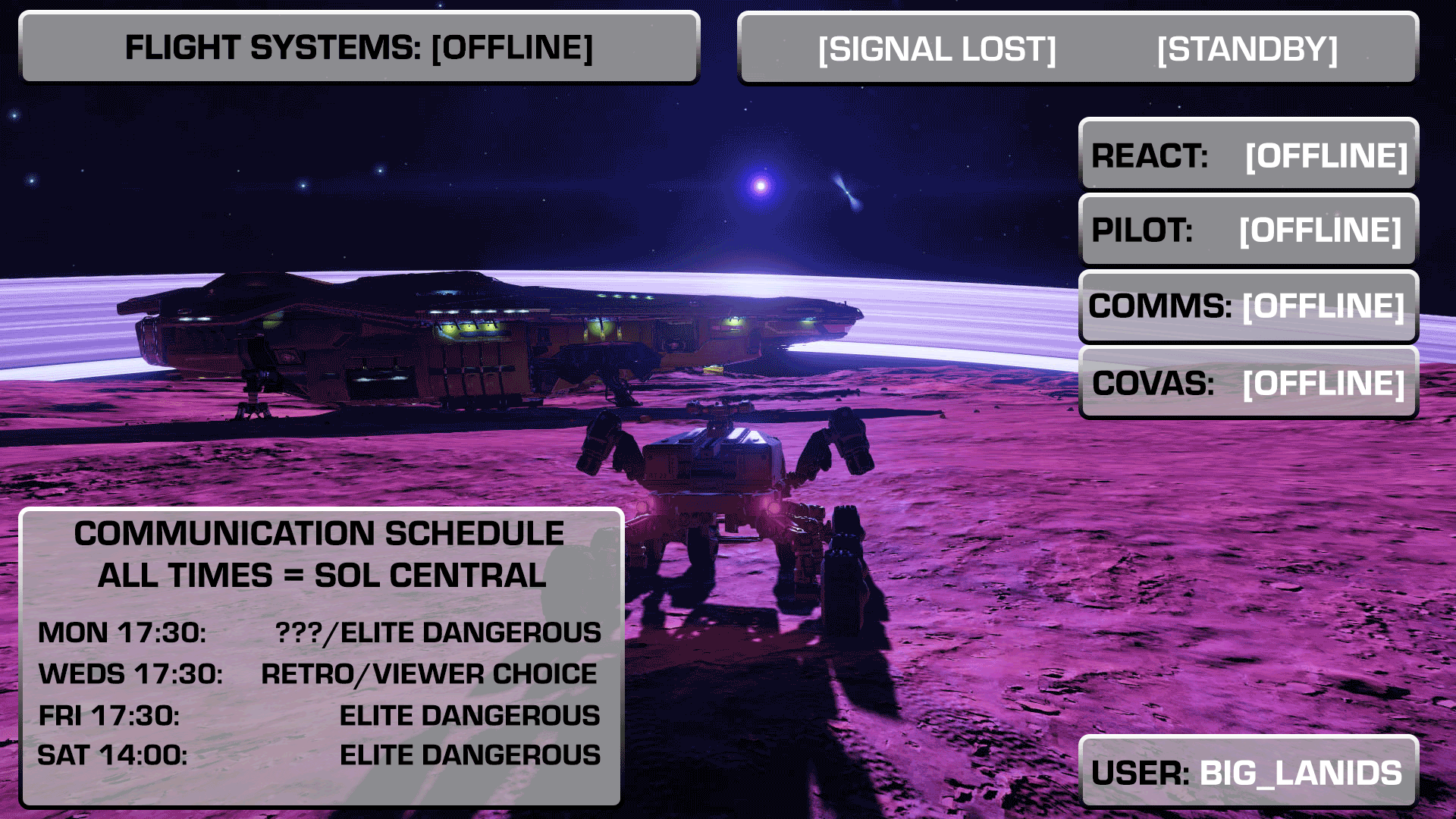 Revised copy of the stream offline graphic with animated console effects and much more elaborate text. Background shows ship and wheeled vehicle on alien world.