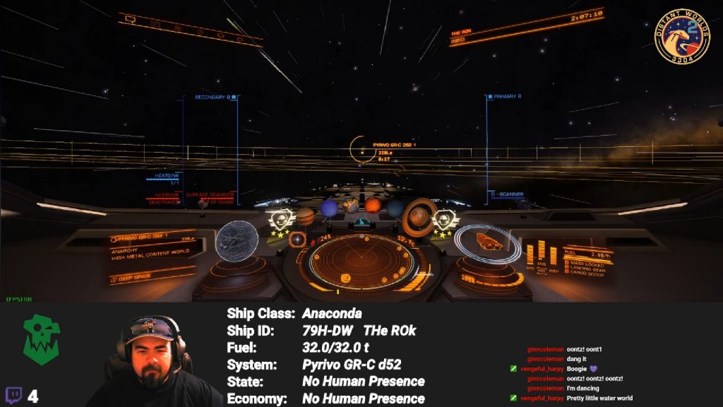 Basic streaming game screen showing the game footage, a chat window, some information about the player's ship, and a camera view of the player.