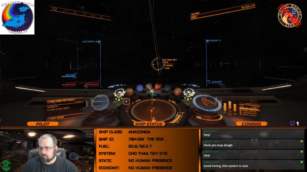 More refined streaming graphics howing the game footage, a chat window, some information about the player's ship, and a camera view of the player. 