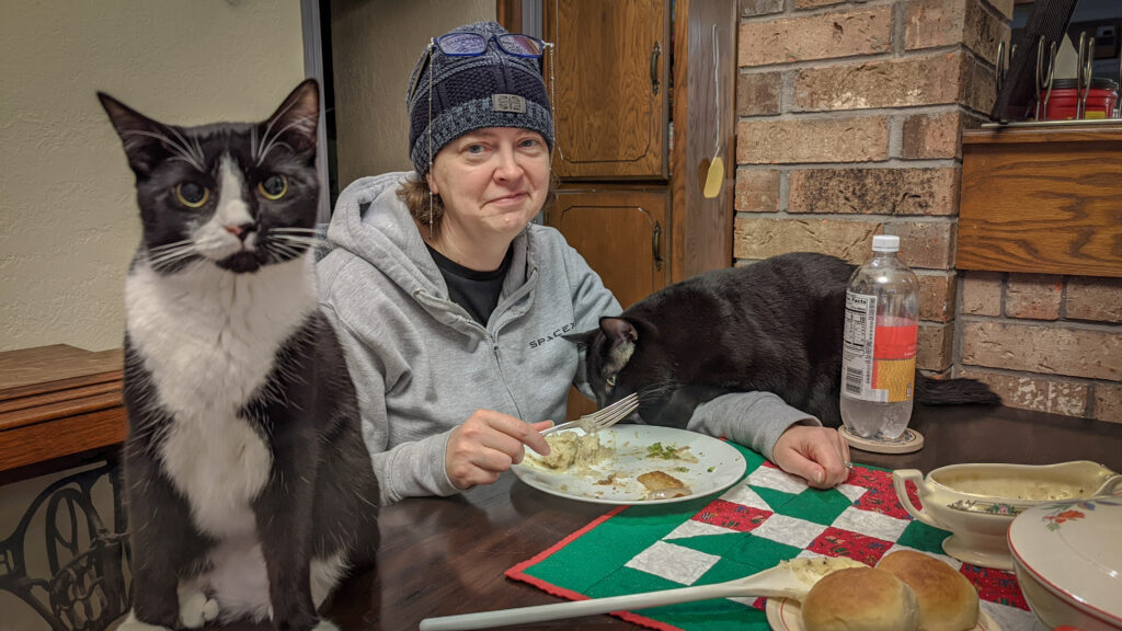 Woman trying to eat dinner with two cats, one of them stealing from her plate.