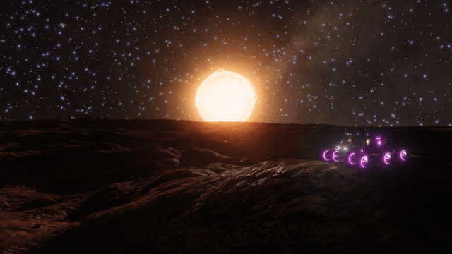 Alien Sunrise Surface recon vehicle resting on a rocky moon, watching the sun rise.