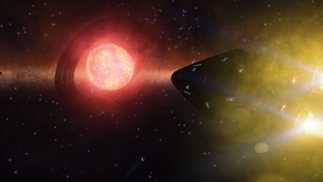Ringed Anaconda class ship boosting towards a ringed M-class star