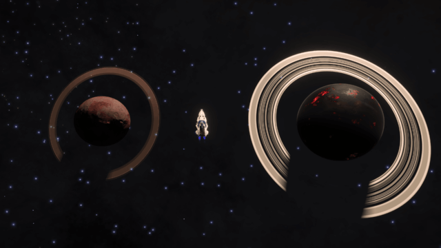 Dance Party Orbiting pair of ringed planets; one larger than the other, with a ship between them